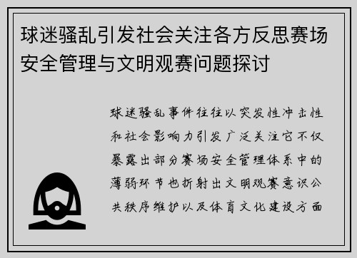球迷骚乱引发社会关注各方反思赛场安全管理与文明观赛问题探讨