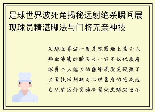 足球世界波死角揭秘远射绝杀瞬间展现球员精湛脚法与门将无奈神技
